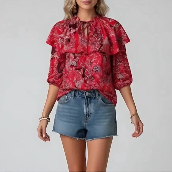 Paisley & Floral Print  Lace Up Front Ruffle Trim Blouse - Picture 3 of 4